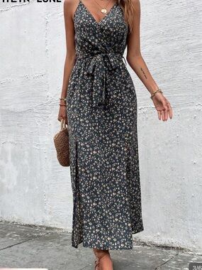 Floral Print High Slit Cami Maxi Dress | Grey